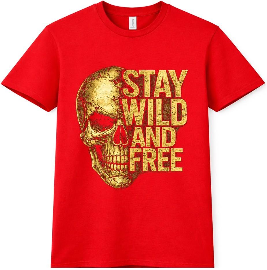 Skull T Shirt Stay Wild And Free Tattoo Biker Gothic Vintage Gold Tee S