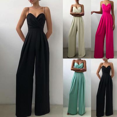 Damen Jumpsuit Weites Bein Hohe Taille Elegant Tiefer V-Ausschnitt Rückenfrei Träger