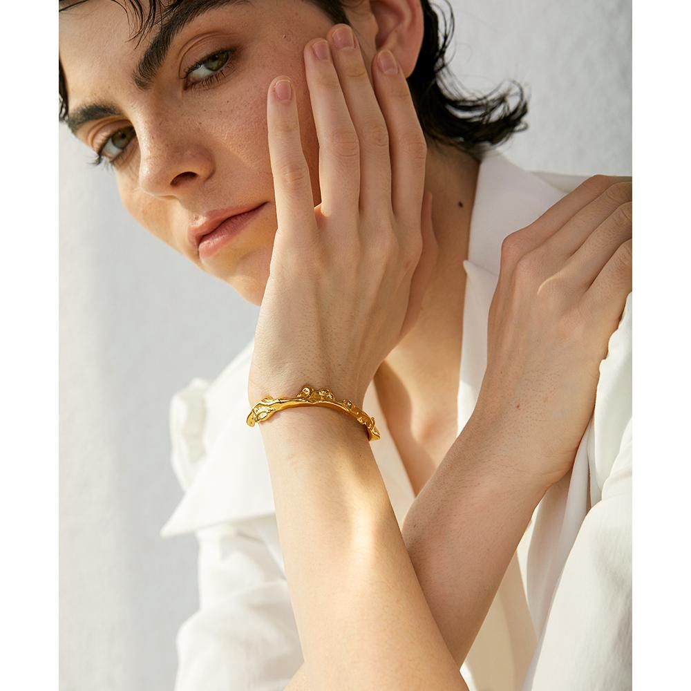 Yhpup Waterproof 18K Gold Color Stainless Steel Irregular Geometric Open Cuff Bracelet Bangle Personalized Metal Texture Jewelry