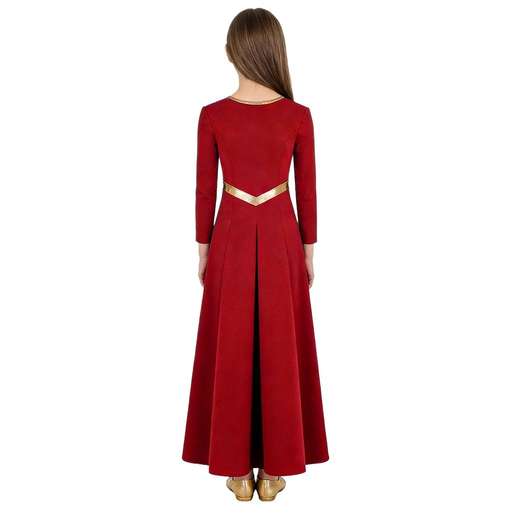 Girls Shiny Round Neck Church Dress Long Sleeve Contrast Color Dancewear
