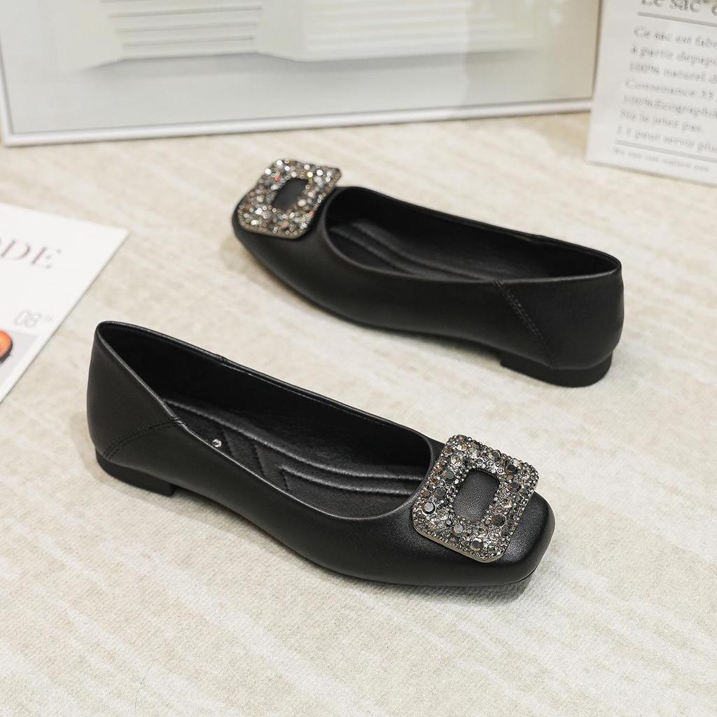 2026 Spring Women's Black Rhinestone Square Toe Loafers - Comfortable for Long Standing in Professional Office Settings