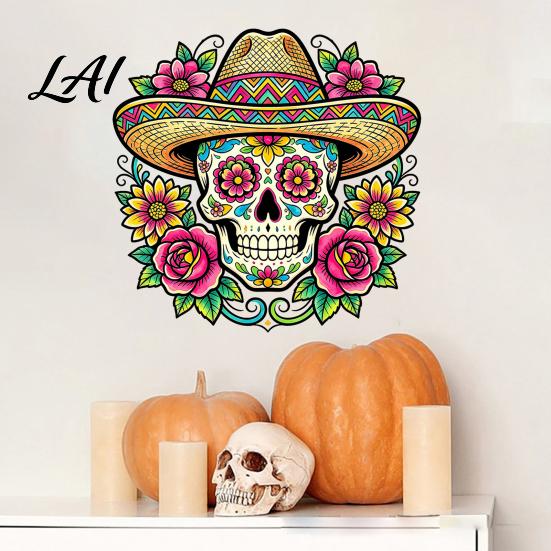 Waterproof Outdoor Glass Decorations Flower Skull Wall Sticker Day of The Dead Decorative Stickers Decals PVC Removable for Windows Doors Easy Peel