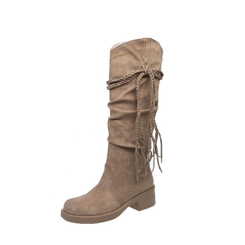 

Leather retro wasteland fringed knight boots thick heel but knee long boots women s thin pleated stacked medium boots 35