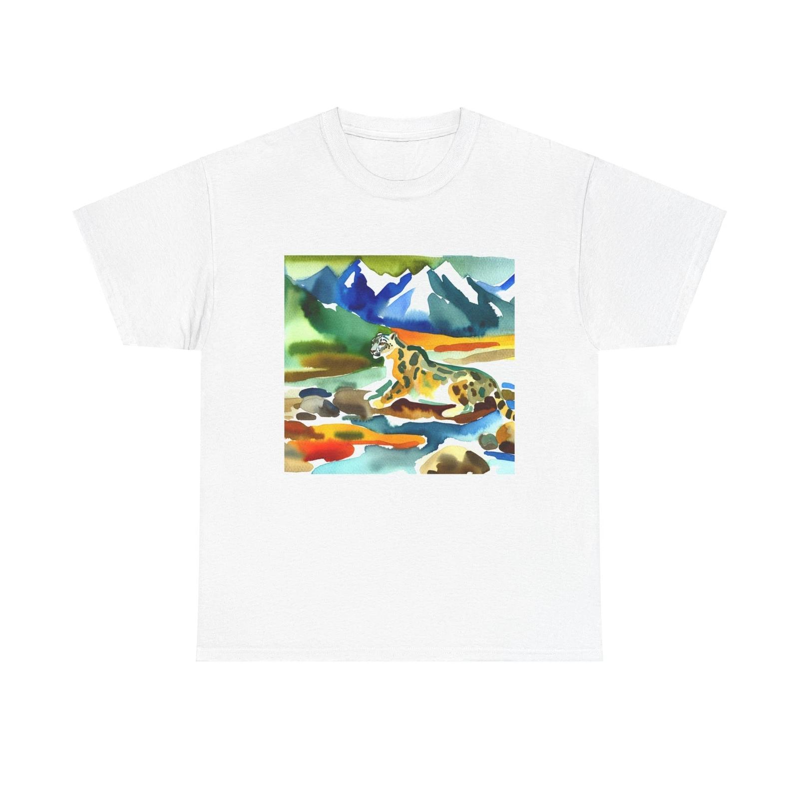 Unisex Adult T Shirt Watercolor Art Snow Leopard Mountains Nature Conservation 2XL