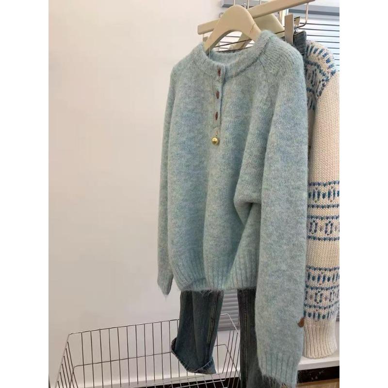 

Голубой мягкий восковой свободный свитер с круглым вырезом для маленьких женщин, с утолщенной внутренней частью, можно носить на улице осенью и зимой, высококачественный топ L