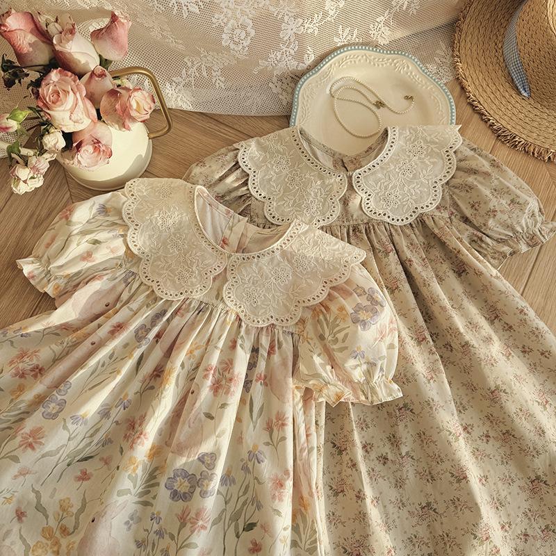 2026 Summer French Cartoon Print Lace Collar Girls' Princess Dress - Short Sleeve