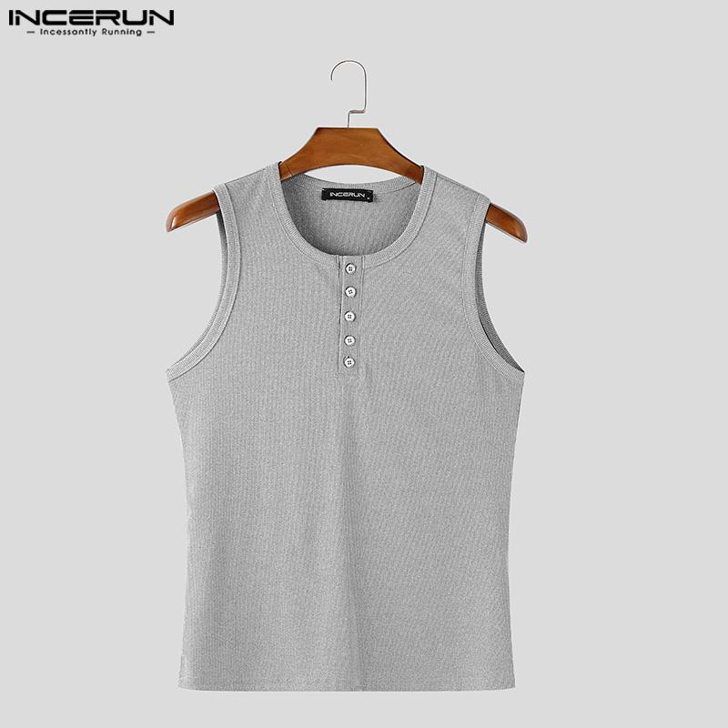 INCERUN Mens Summer Button O-neck Sleeveless Solid Color Casual Rib Tank Tops