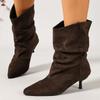 Große Größe Herbst und Winter Spitze Wildleder Stiletto Absatz Stiefel Umgeschlagene Westernstiefel Hoher Absatz Mittlere Stiefel Damen