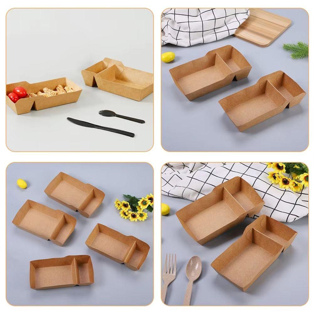 50Pcs 320/440/520ML Capacity Snack Fries Plate Two Grids Kraft Paper Snack Box  Fried Chicken