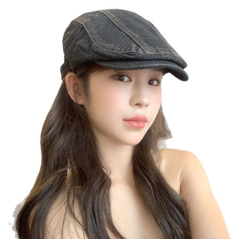 Summer Japanese washed Denim Front Hat for Women with Versatile Retro Big Head Circumference Showing Face Little Painter Hat Wearing Beret