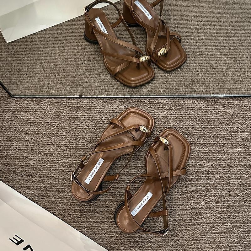 High-heeled Sandals Women's 2025 New Thick-heeled Toed Roman Shoes French Temperament Niche Pinch Foot Word Belt