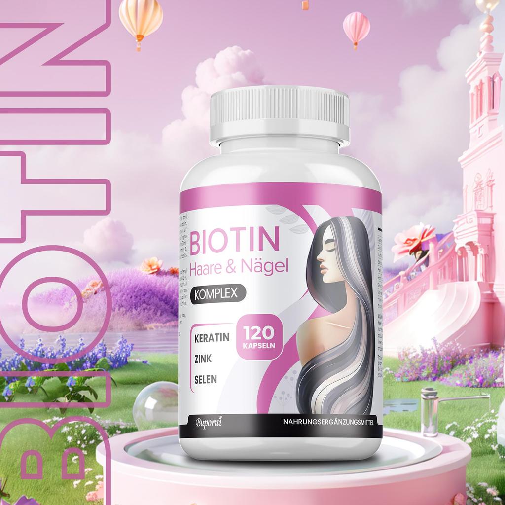 Buporai Biotin Complex Dietary Supplement Supports Healthy Hair and Nail Growth, Designed To Improve Hair Quality and Reduce Nail Breakage.