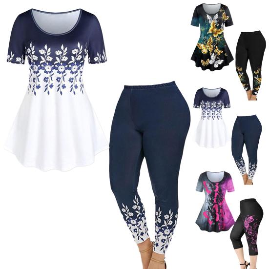 2 st/set kvinnor o-ringad kortärmad lös fåll Toppar hög midja Leggings Yogabyxor Tryck Sportoutfit Streetwear