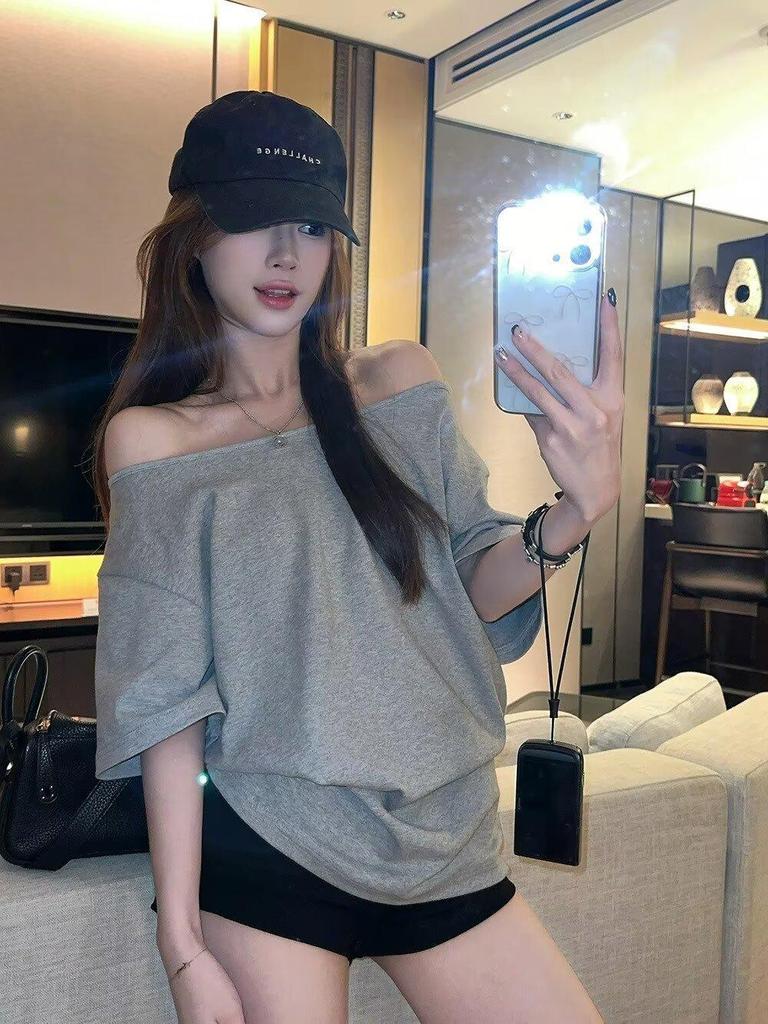 Spicy Girl Asymmetrical Neck Short-Sleeve T-Shirt - Women's Summer 2025 Korean Style Loose Slimming Top