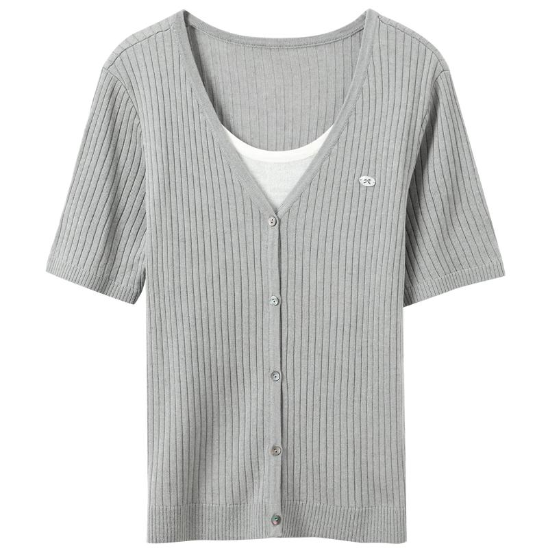 Sancai Plus Size Linen Acetate Blend Faux Two-Piece Knit Top