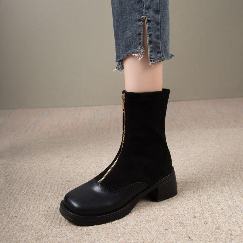 Fashion Heeled Women's Ankle Boots Round Toe Zipper Female Short Shoes Autumn Winter Black Booties Designer Luxury High Quality Footwear