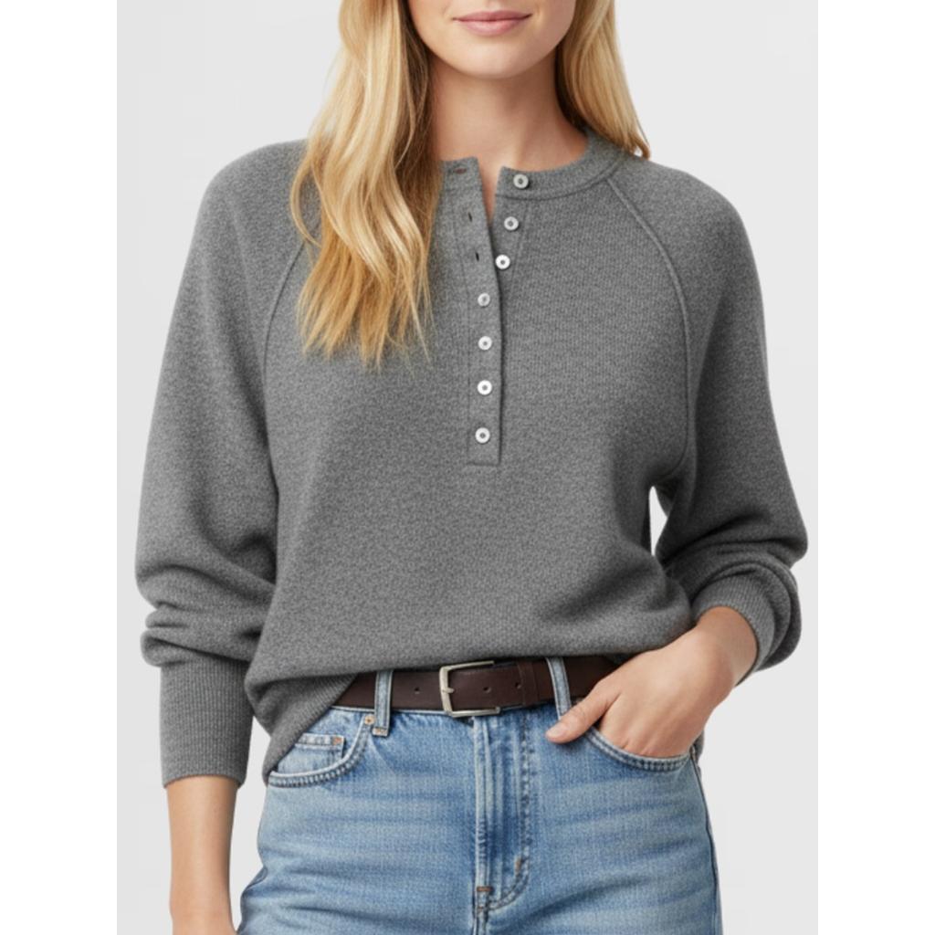 Women's Round Neck Long Sleeve Knit Sweater Loose Fit Button Detail Henley Pullover Top