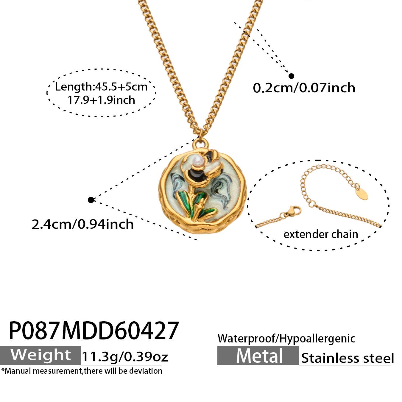 18K Gold Plated Stainless Steel Pendant Necklace with Painted Floral Design and Imitation Pearl Drip