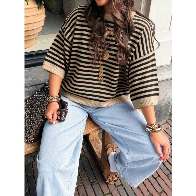 Women Loose Fit Crew Neck 3 4 Sleeve Striped Knit Sweater