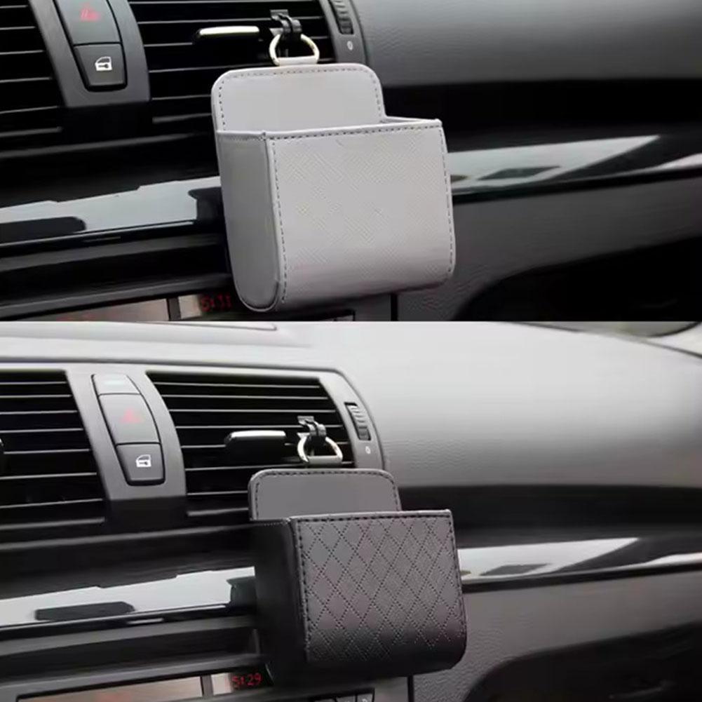 Multi-functional Car Storage Box-Leather Hanging Pocket For Vent, Glasses,Fits Phone, Cigarettes, & Cards Car Accessories H6A9