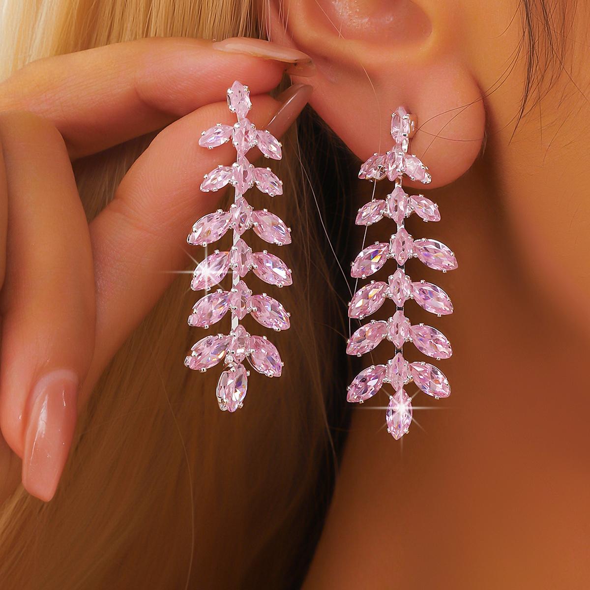 Lucky Star Jewelry Women's 2Pc Fashion Leaf Water Drop Design Earrings And Zircon Accessories, Casual Simple And Elegant Ear Accessories