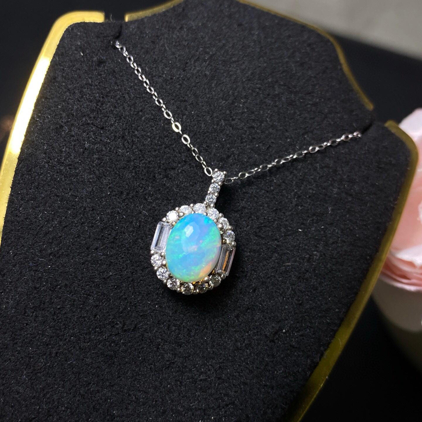 High Quality Gemstone Jewelry Natural Opal 925 Sterling Silver Oval Cut halo Opal Women s Pendant Necklace