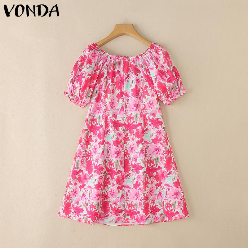 VONDA Vestido Mini Casual con Volantes para Vacaciones con Estampado Floral y Manga Corta Descubierta para Mujer