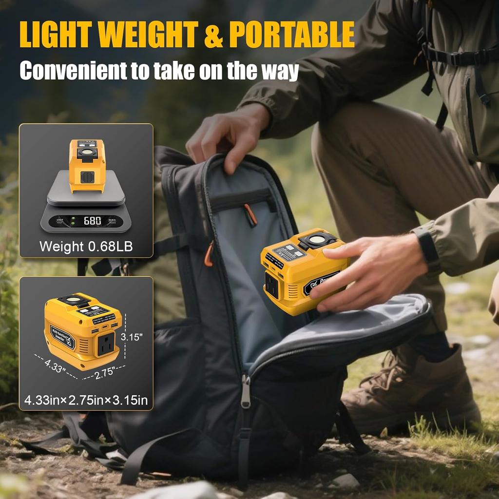 220W Portable Power Inverter Compatible With Dewalt 20V Battery, DC 20V To AC 110V Battery Inverter, Power Station With 400LM LED Work Light, 1 AC