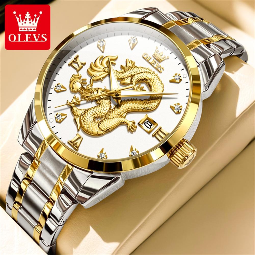 OLEVS Mens Watches Top Brand Luxury China Loong Dragon Dial Gold Quartz Watch for Men Waterproof Luminous Date Fashion Wacth Men