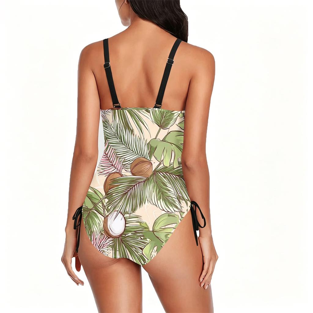 Women Swimsuit Tummy Control Push Up Scoop Neck Bathing Suit Adjustable Side Drawstring Slimming Swimwear