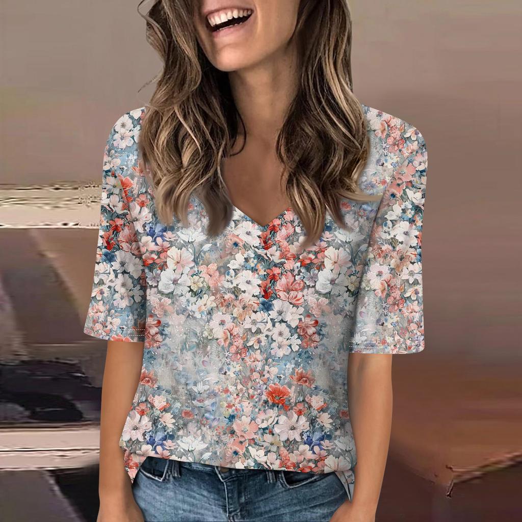 Women's Fashionable Casual Short-sleeved Five-quarter Sleeve Floral Print V-neck Top