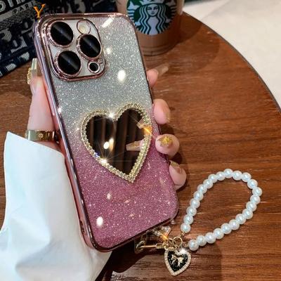 Πολυτελής Θήκη Τηλεφώνου Love Mirror με Διαμάντια Για Xiaomi Redmi 14C 13X 13C 12C 10C 10A 9C 9A A5 A3 A1 Plus Κρεμαστό Σχοινί με Μαργαριταρένια Καρδιά
