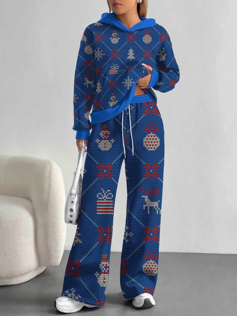 1116 European and American Autumn/Winter Casual Color Patchwork Long-Sleeve Set, Women's Hoodie and Long Pants Set