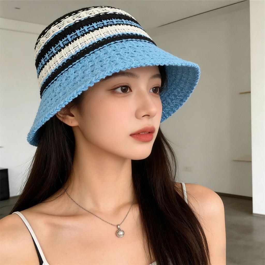 New bucket hat women's summer sunshade sunscreen straw woven basin hat versatile face small wide brim woven hat
