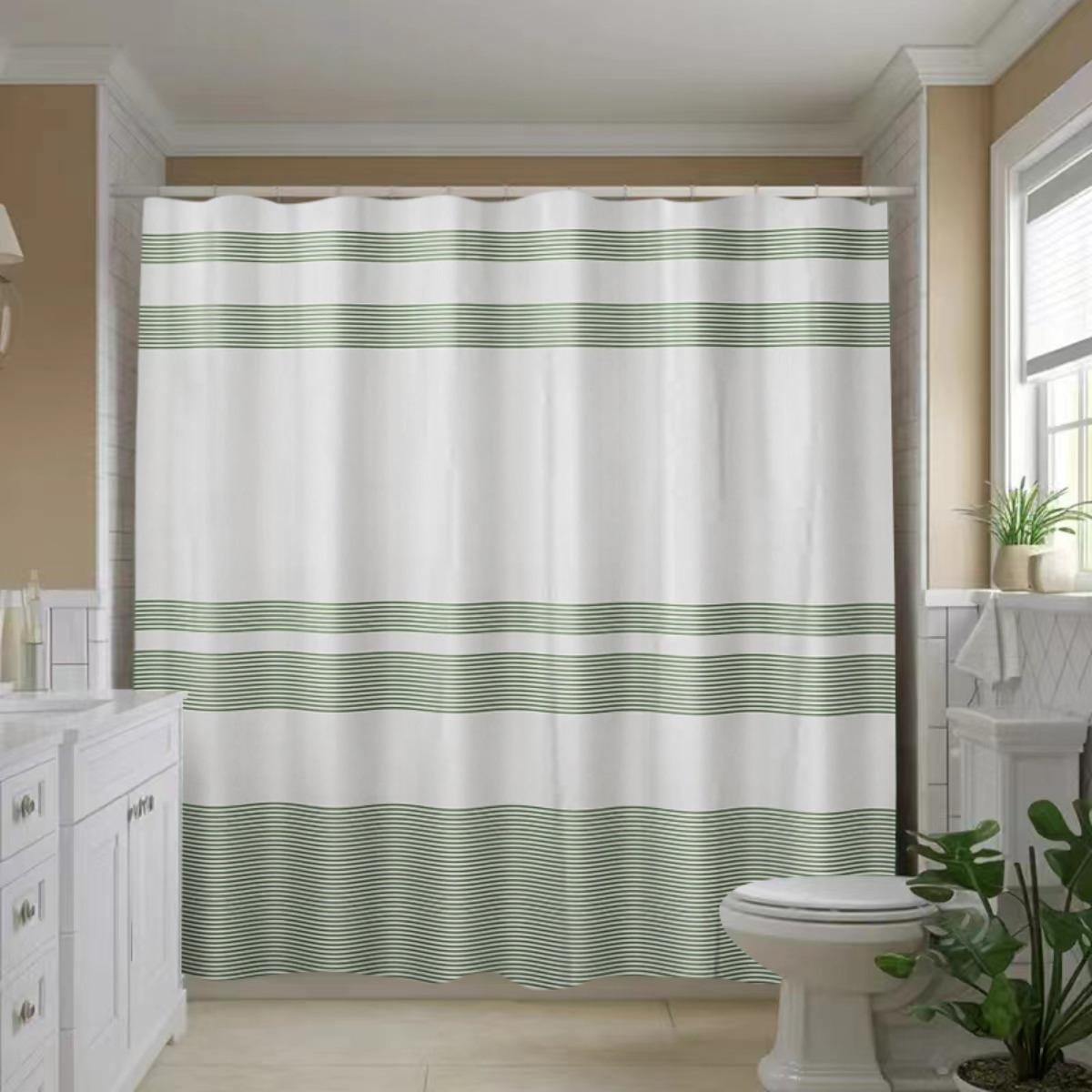 

1 шт. Зеленые полосы на белом полиэстеровая шторка для душа - Машинная стирка, Декор для ванной комнаты с крючками, Современный минималистичный дизайн для 90x180cm