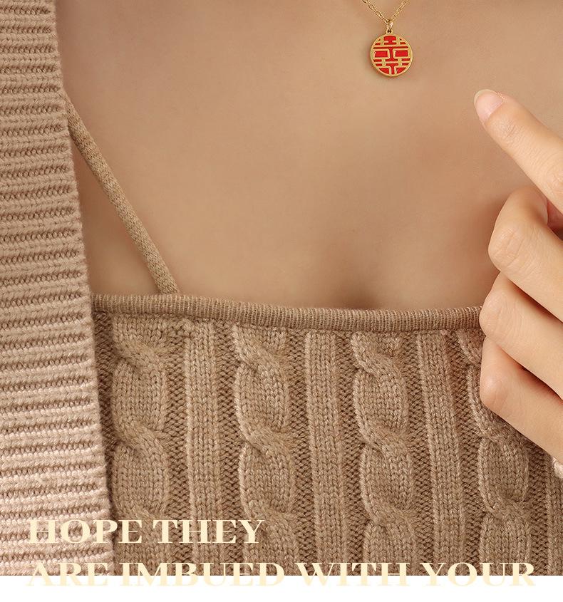 Ethnic Double Happiness Pendant Necklace, 18K Gold Plated Titanium Steel Clavicle Chain