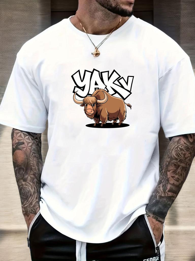 Mens Casual Tshirt Yak Cartoon Print Short Sleeve Round Neck Breathable Soft Oversized Fun Daily Wear Tee
