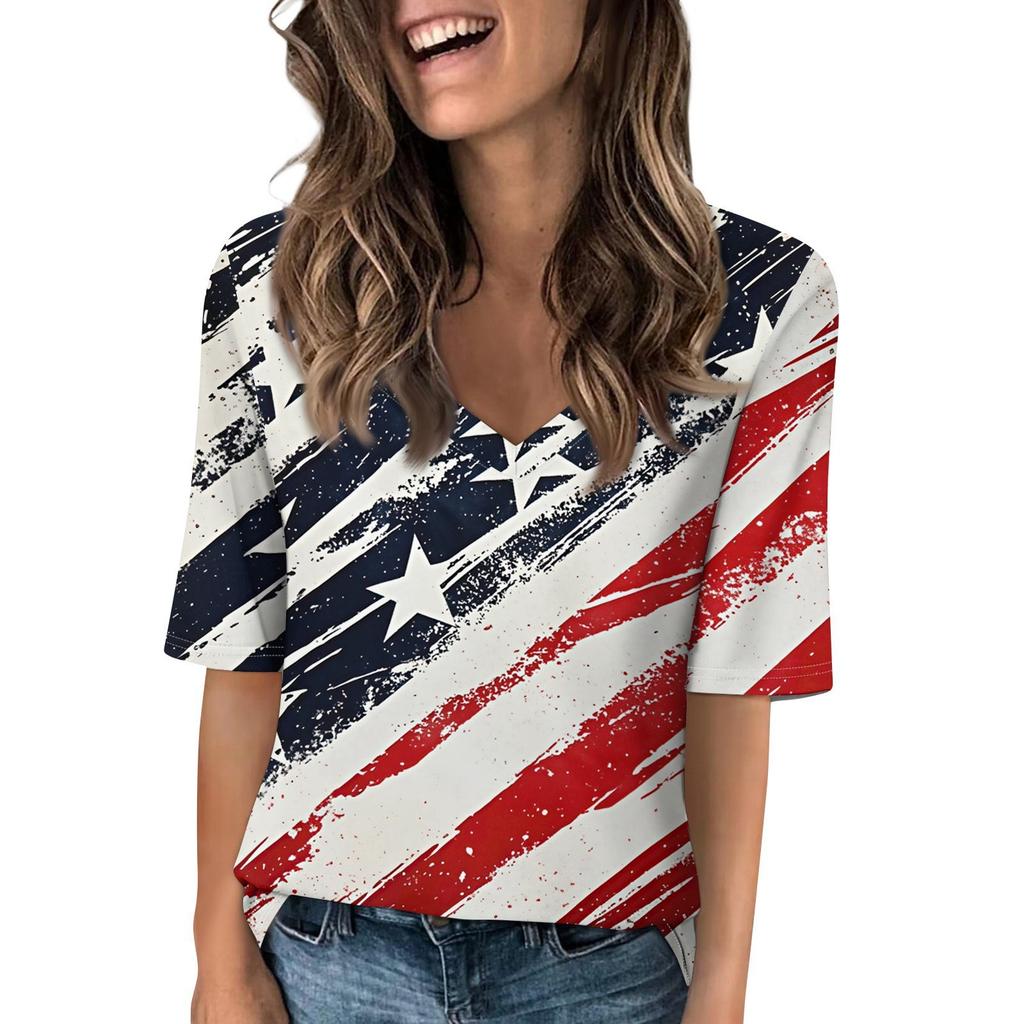 Women's V Neck T Shirts Half Sleeve Tops Printed Casual Summer Tees T Shirt Blouse