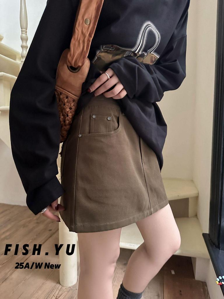 FISHYU Fall Collection Women's Casual Twill Midi Skirt with Back Pocket 25578