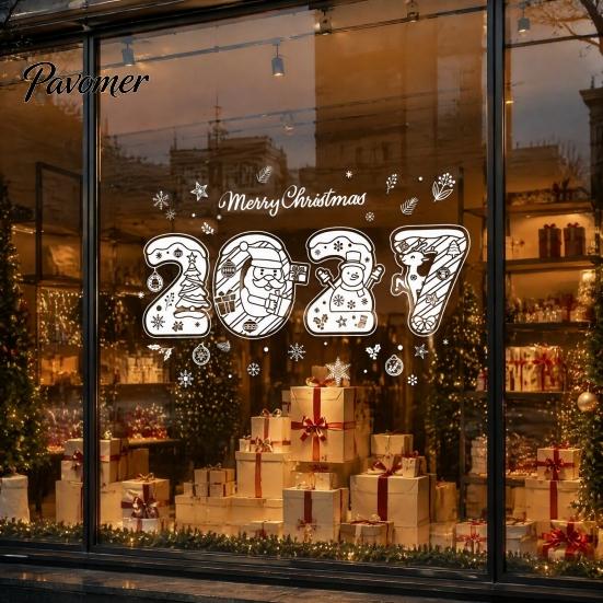 Nordic Style Winter Decor 4PCS 2027 Christmas New Year Static Window Clings, Snow Town Party Supplies Snowflake Stickers, Reusable Glass Decals