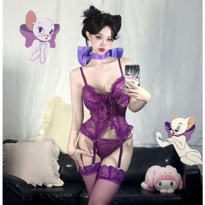 Sex underwear lace pure desire hollow set pajamas purple waist uniform body sculpting temptation split set