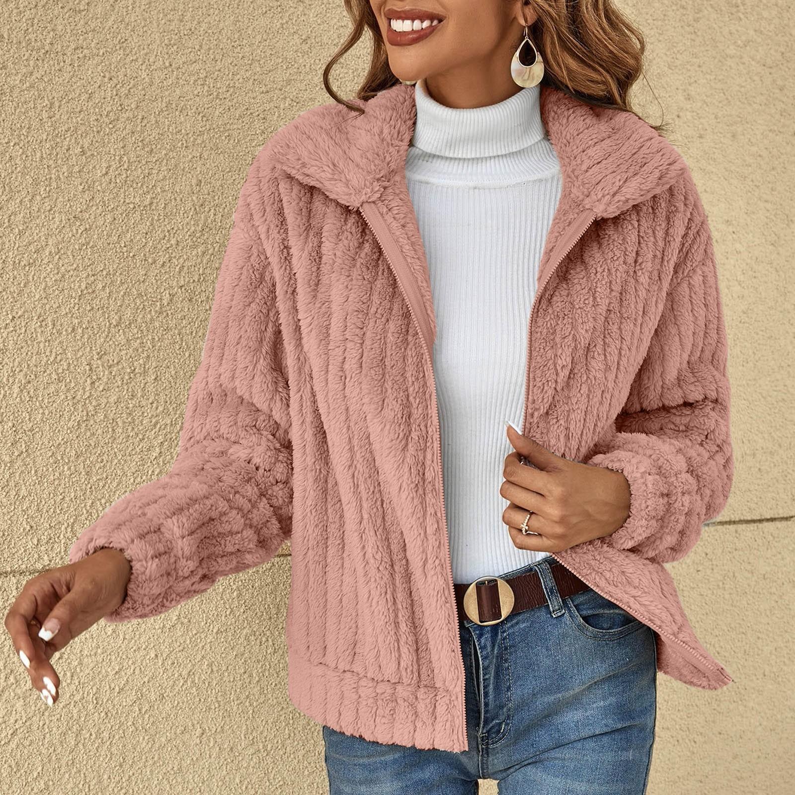 

Women s Fashionable Solid-color Lapel Plush Coat M