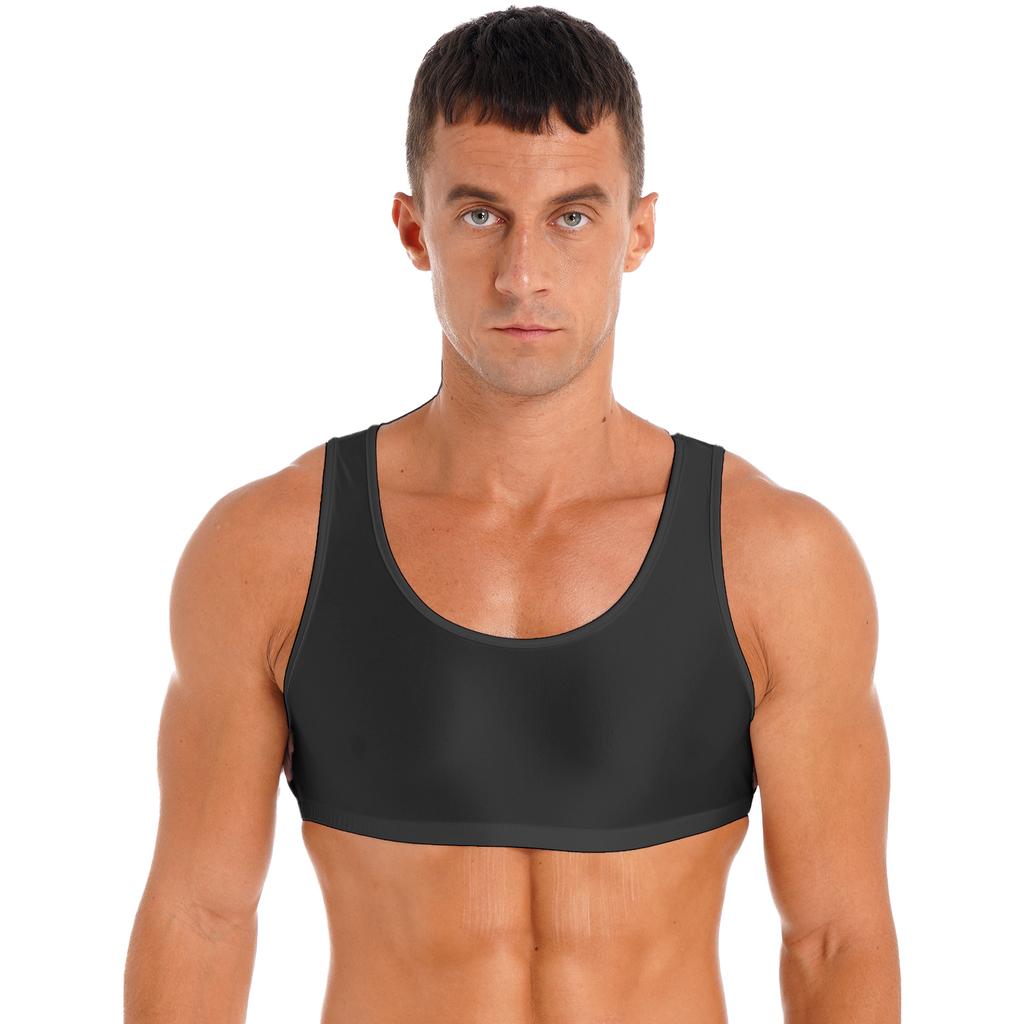 Mens Glossy Vest Cropped Tank Top Sleeveless Design Round Neck Solid Color Swimwear Nightwear Tops