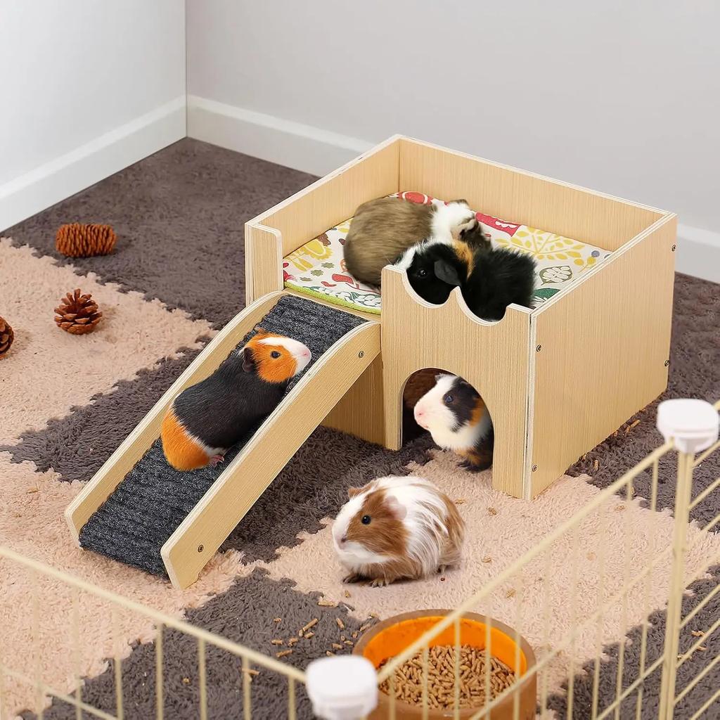 Premium Wooden Guinea Pig House | 2-Level Small Animal Hideout with Stairs | Quick Assembly for Hamsters/Rabbits/Chinchillas