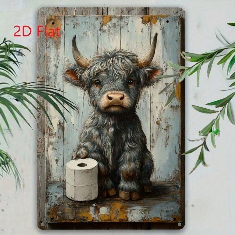 Metal Wall Art Vintage Highland Cow 2D Flat Rustic Tin Sign Farmhouse Bathroom Gift