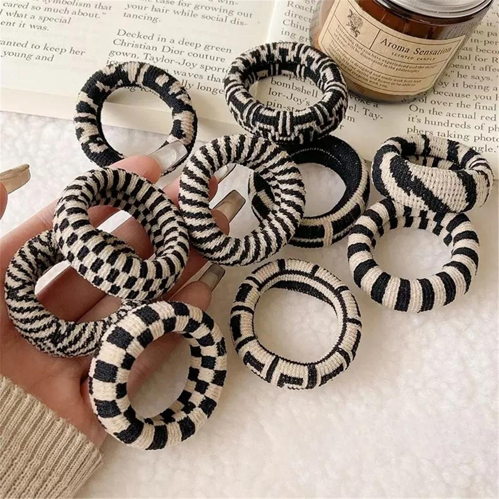 5Pcs Korean High-Elasticity Seamless Hair Ties,Black and White Checkered Traceless Hair Ring,Simple and Durable Thick Hair Bands