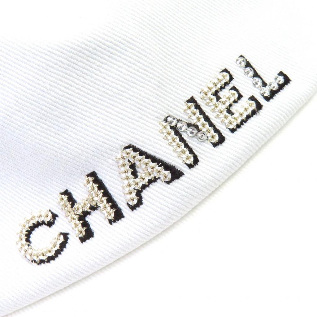 Pristine CHANEL hat Logo Rhinestone Bucket Hat white cotton Women L 22P Used