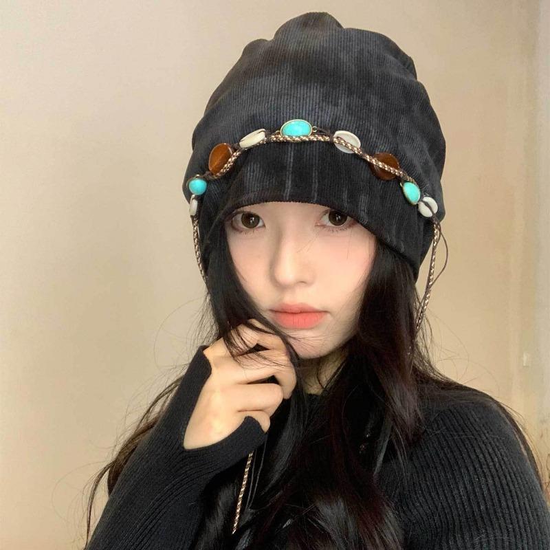 Retro tassel beaded stacking hat children's autumn versatile big head circumference shows the face of small bag head hat tide