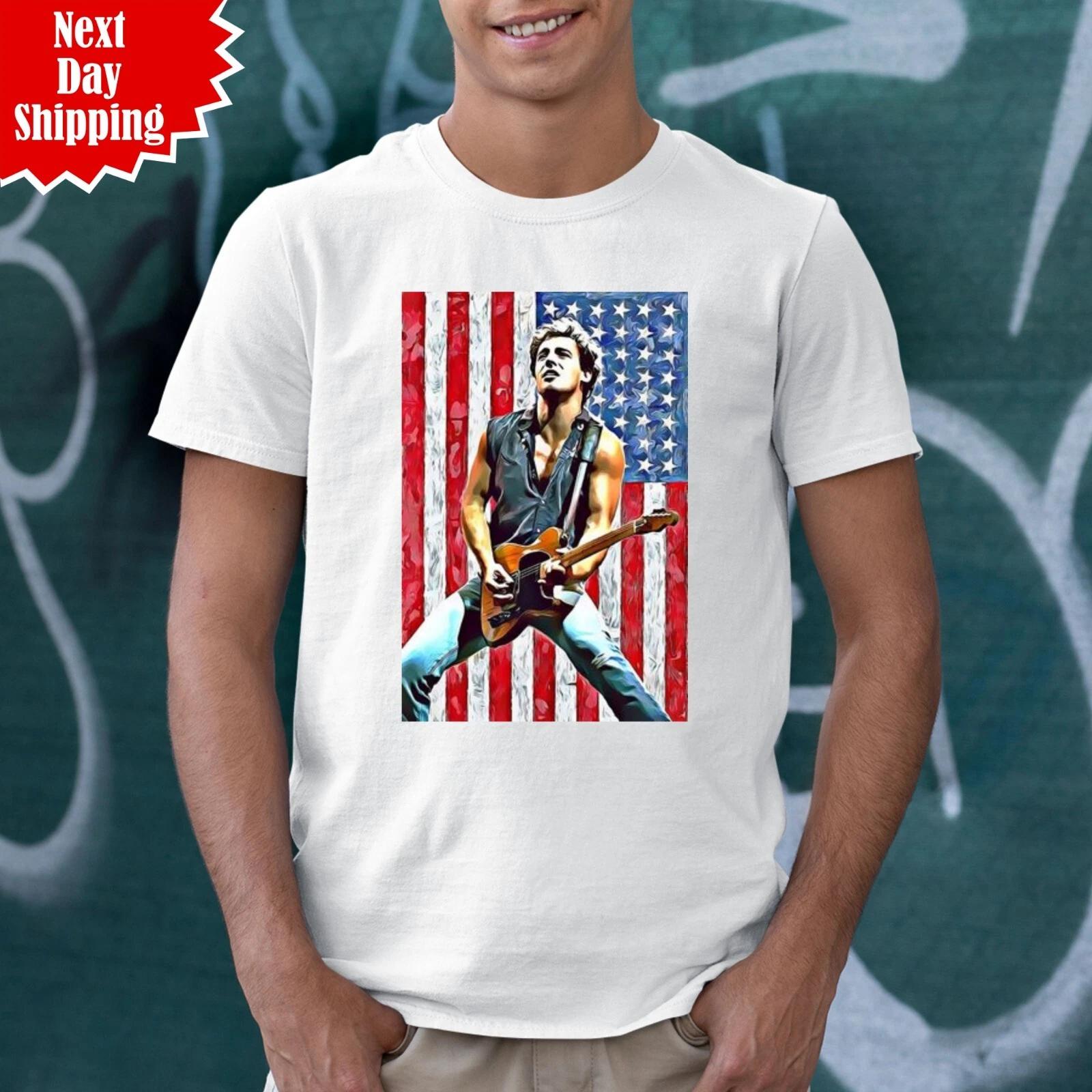 Bruce Springsteen T Shirt Guitar Photo Pose Printed American Flag Retro Gift Top XL