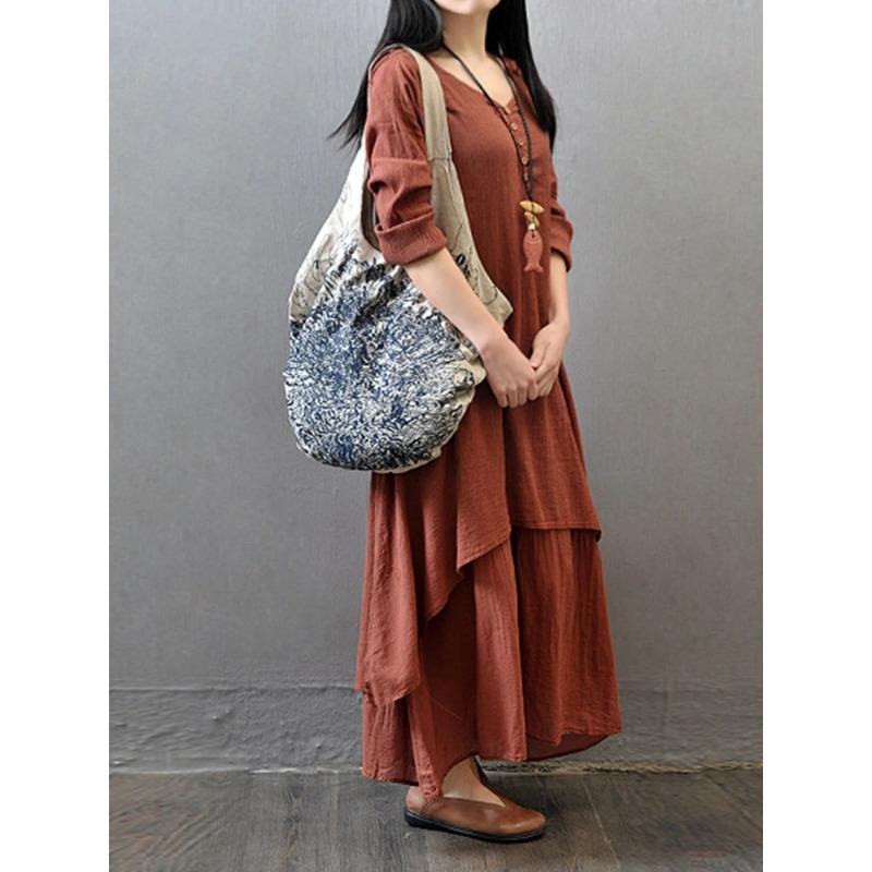 Rochie Midi Boemă de Vară Vintage Femei Elegantă Solidă Stratificată Mânecă Lungă Rochii Modă Largă Gât în V Casual Streetwear Vestidos